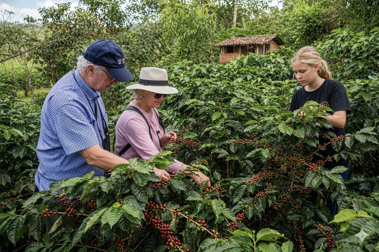 tourist picking ripe coffee cherries at hacienda la coloma plantation near bogota colombia