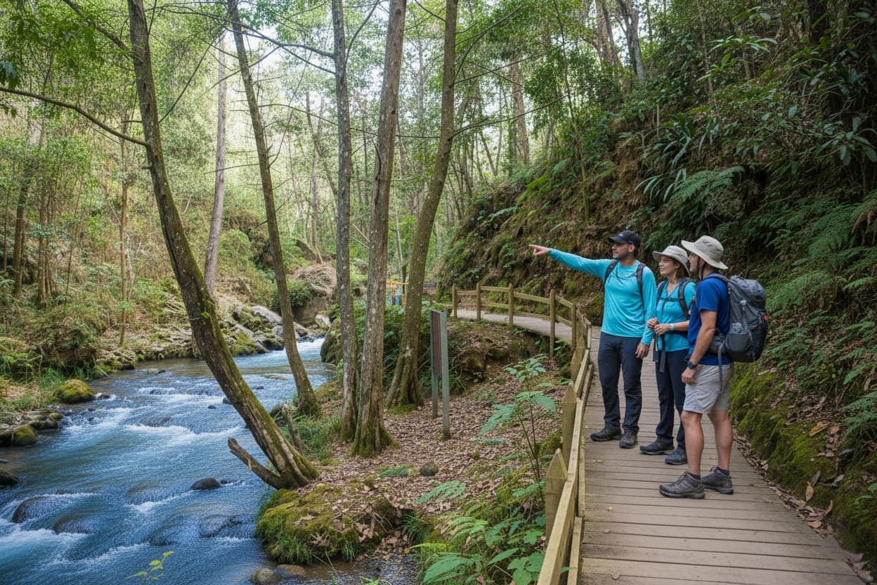 guía privado y turistas caminando por un sendero natural en la reserva ecológica Arví, Medellín, Colombia
