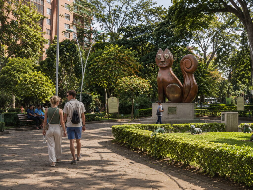 A couple walking past the Gato de Tejada bronze cat in Cali's Parque del Gato