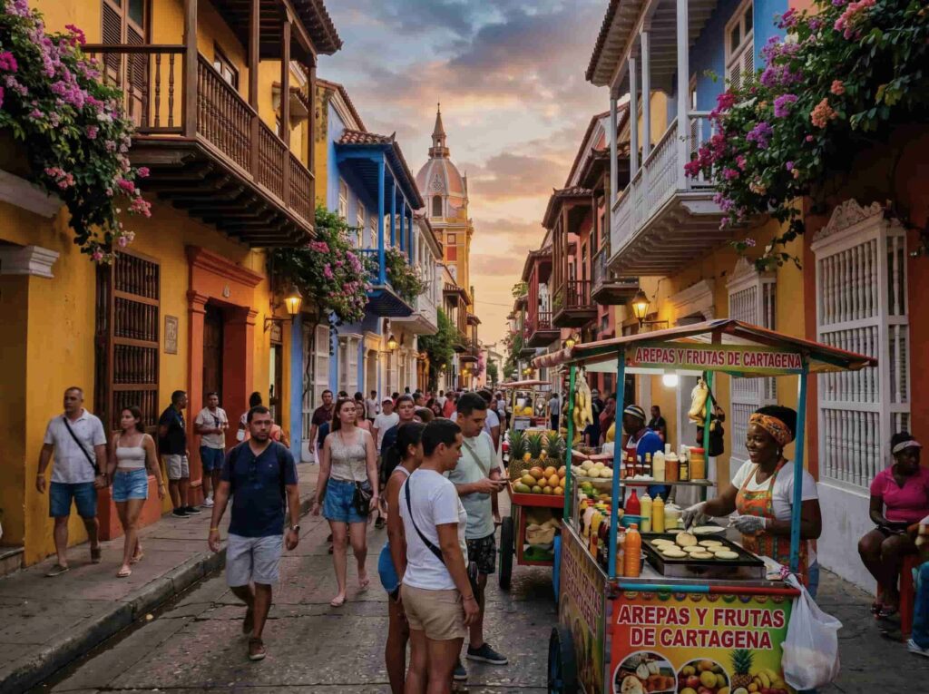 colorful colonial street facades and food vendors in cartagena centro historico colombia