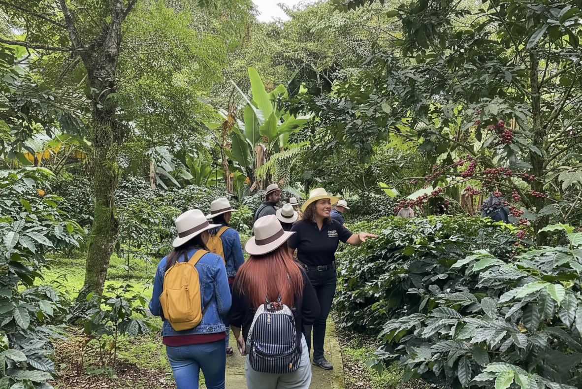 : private guide and tourists at hacienda la coloma coffee seedbeds colombia