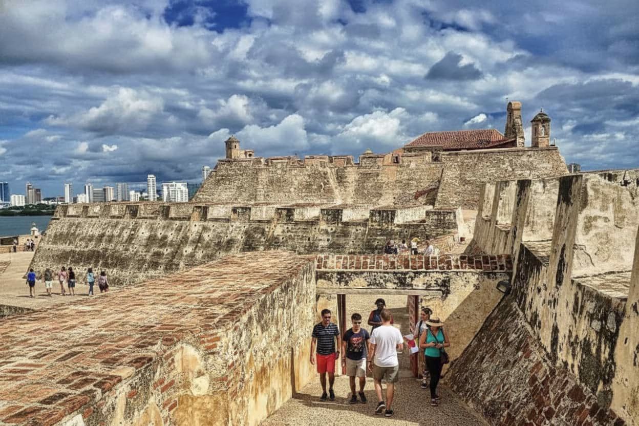 Visitors on the ramps of the Castillo de San Felipe de Barajas, with the upper fort above and the towers of Bocagrande behind