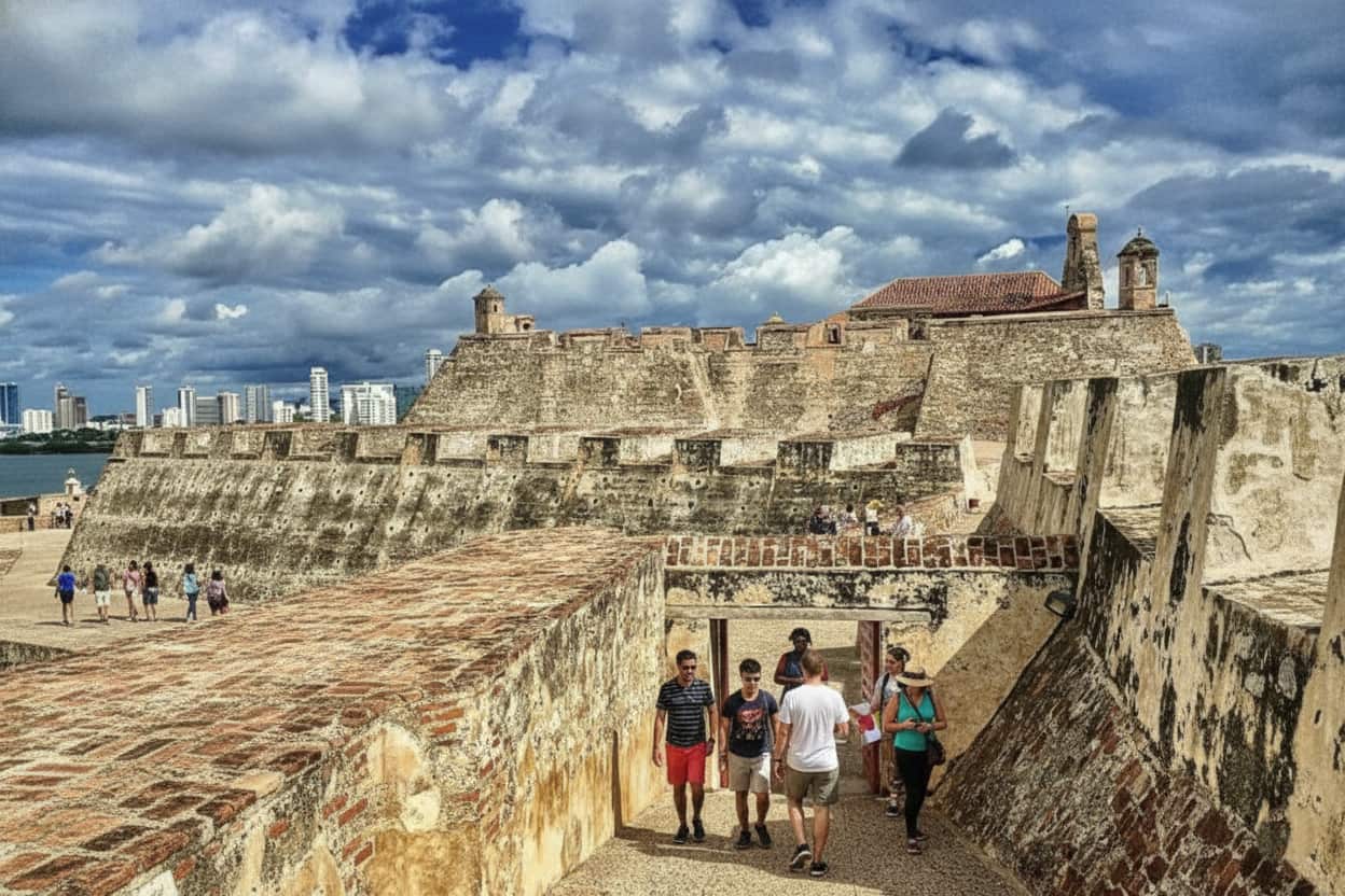 private guide leading tourists through tunnel system castillo san felipe fortress cartagena colombia