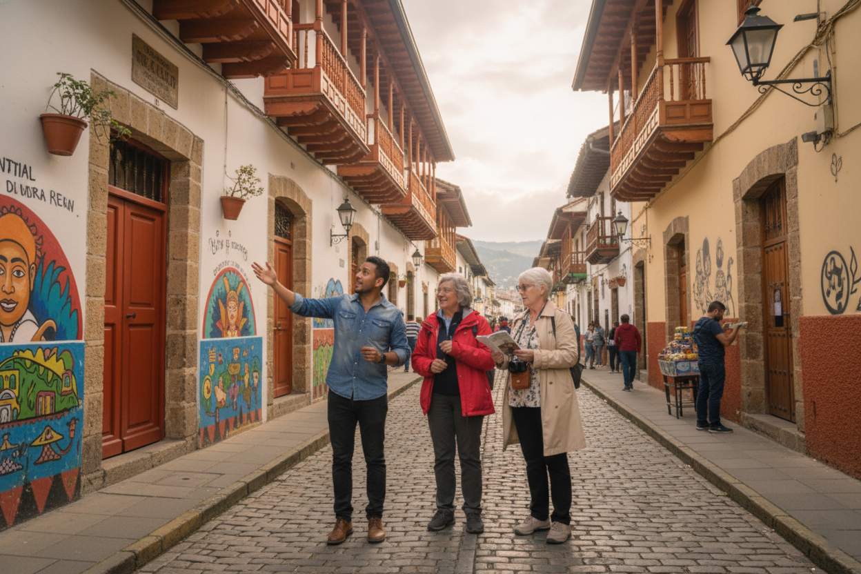 private guide leading tourists through La Candelaria colonial district bogota colombia