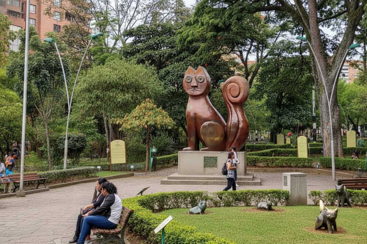 gato del rio bronze sculpture on banks of cali river colombia