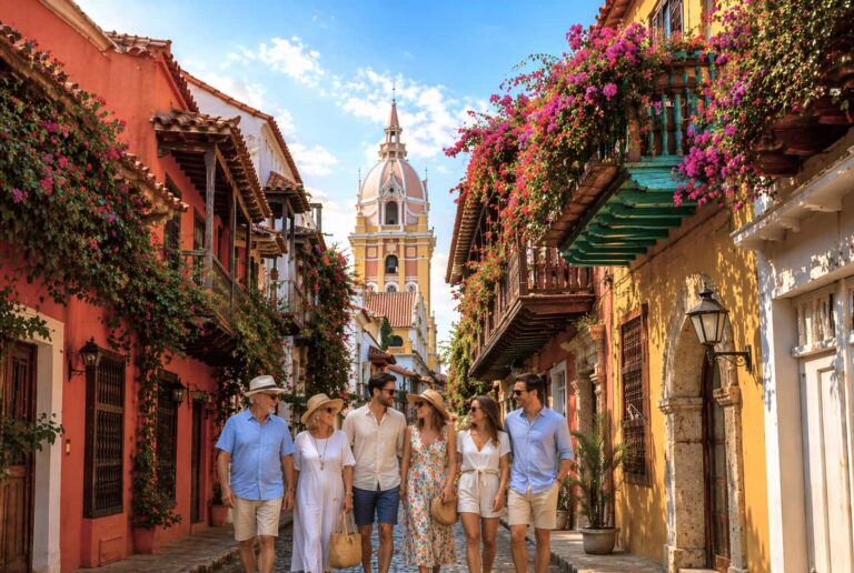 Travelers walking a street of the Walled City of Cartagena, with balconies of bougainvillea and the cathedral dome behind