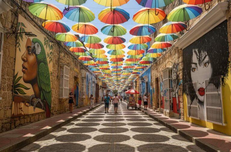 A street of Getsemaní roofed with colored umbrellas, with murals on both walls