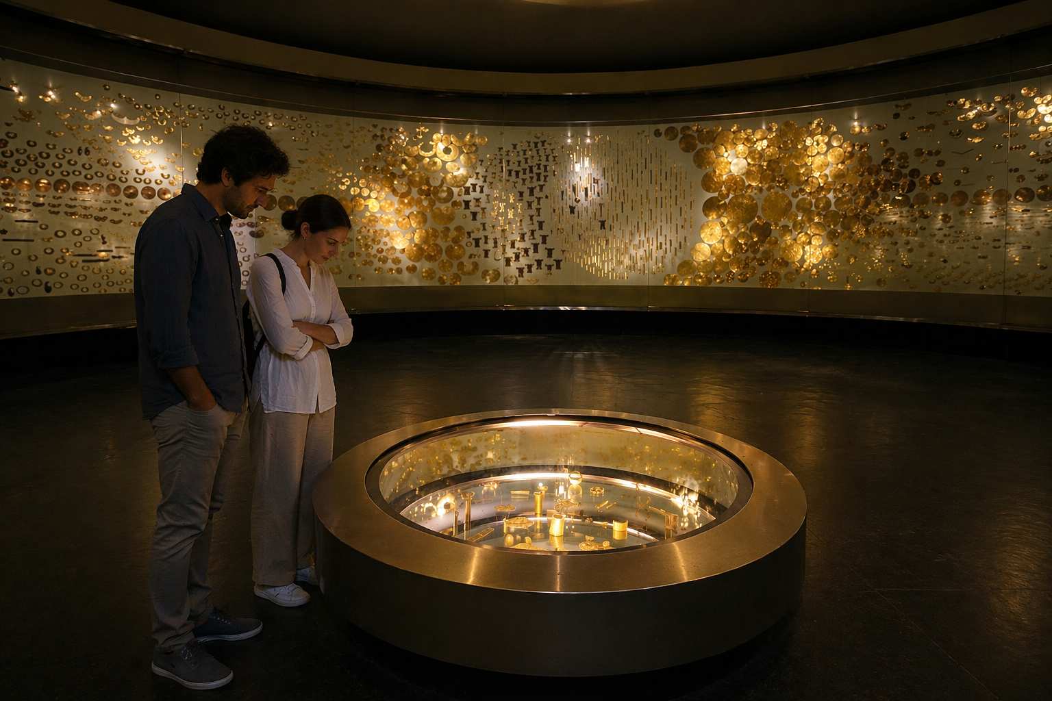 couple examining pre-columbian gold artifacts at the gold museum bogota colombia