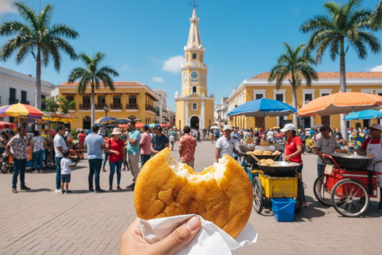 arepa de huevo and coconut water traditional cartagena street food colombia