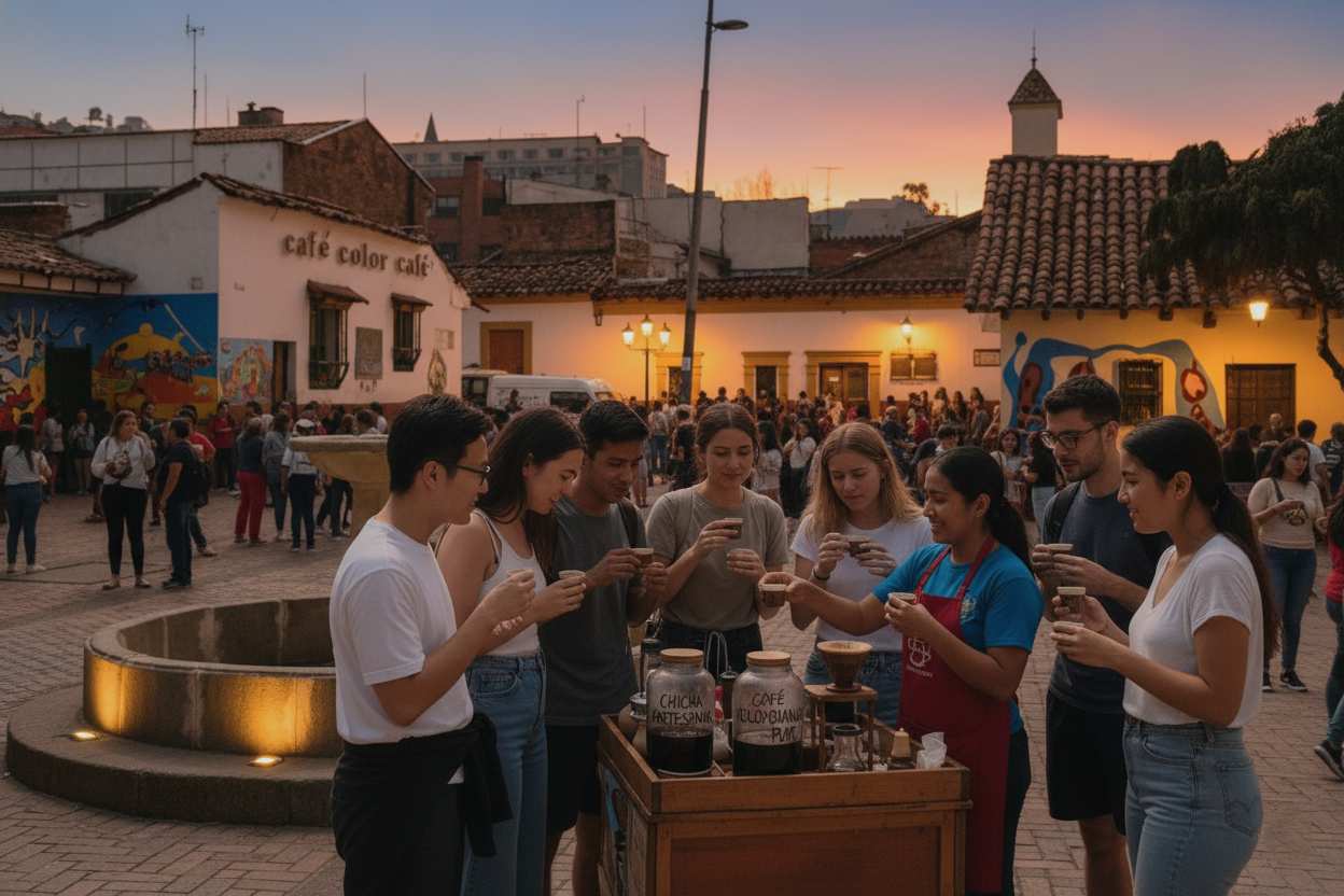 tourists tasting colombian coffee and chicha during bogota city tour