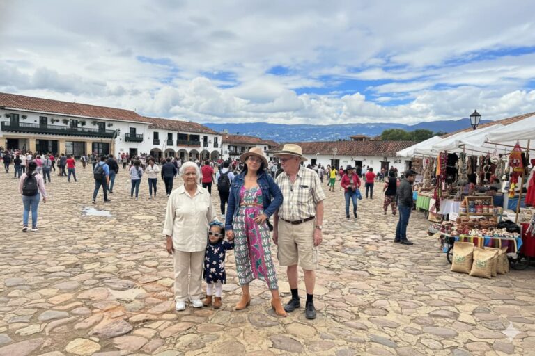 A family in the main plaza of Villa de Leyva