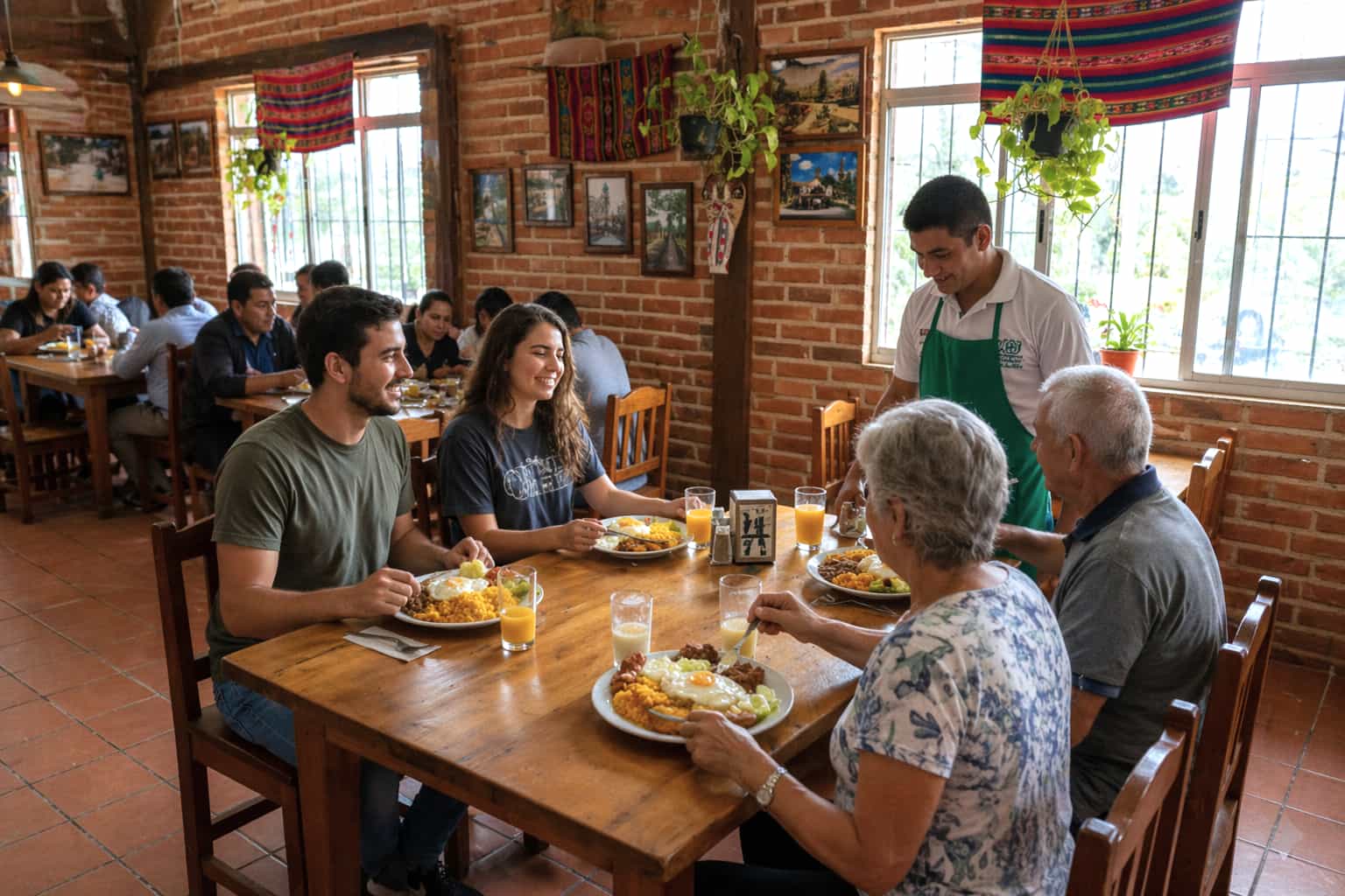 family enjoying a traditional Colombian meal inside a rustic countryside restaurant near Bogotá Colombia