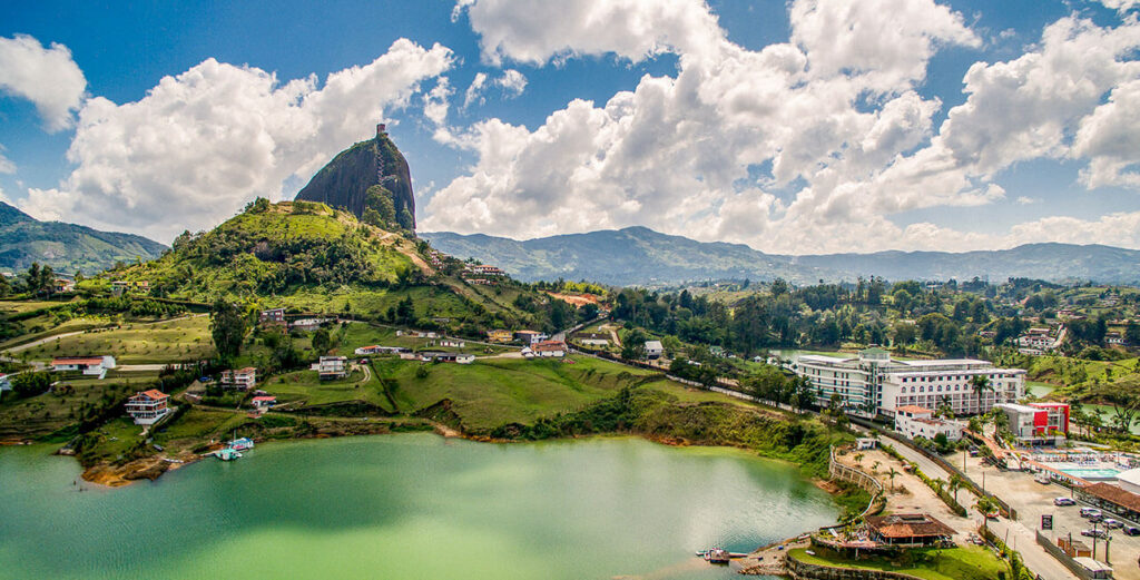 Panoramic view of El Peñol and the reservoir on a Guatape Tour in Antioquia, Colombia