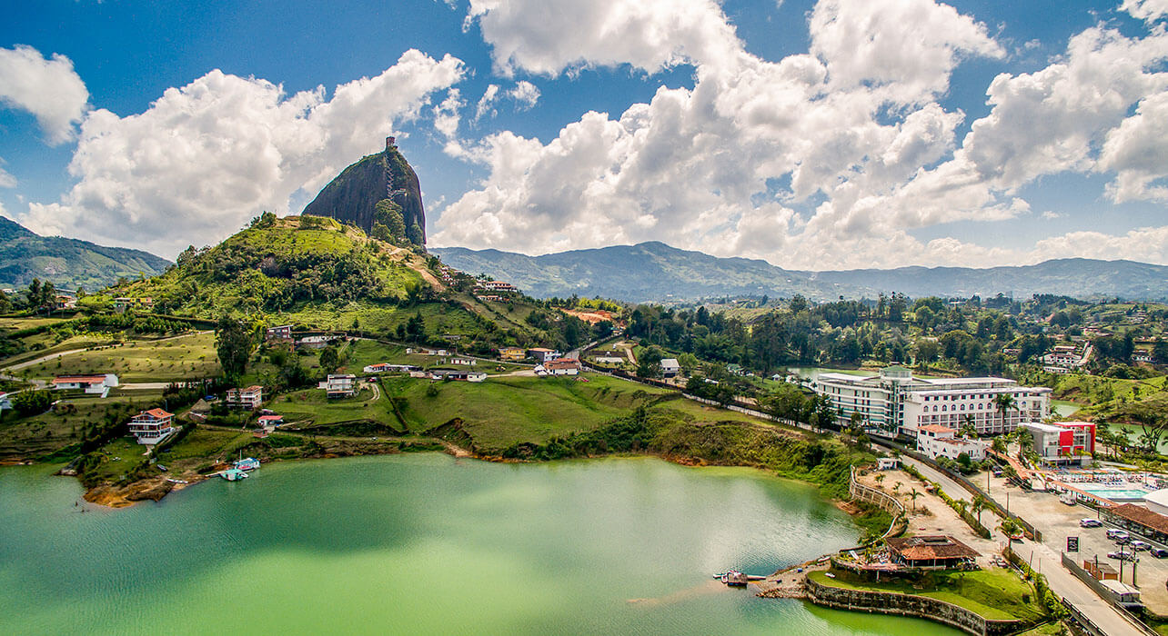 Panoramic view of El Peñol and the reservoir on a Guatape Tour in Antioquia, Colombia