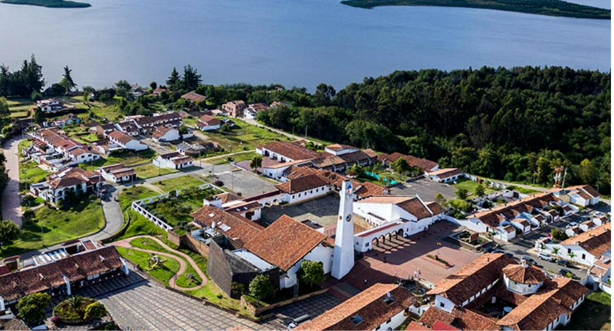 Aerial view of Guatavita town by the lake on a Guatavita day trip in Colombia.