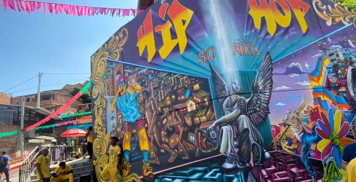 Hip hop mural and street art during a Graffiti Tour Medellin in Comuna 13, Medellin, Colombia