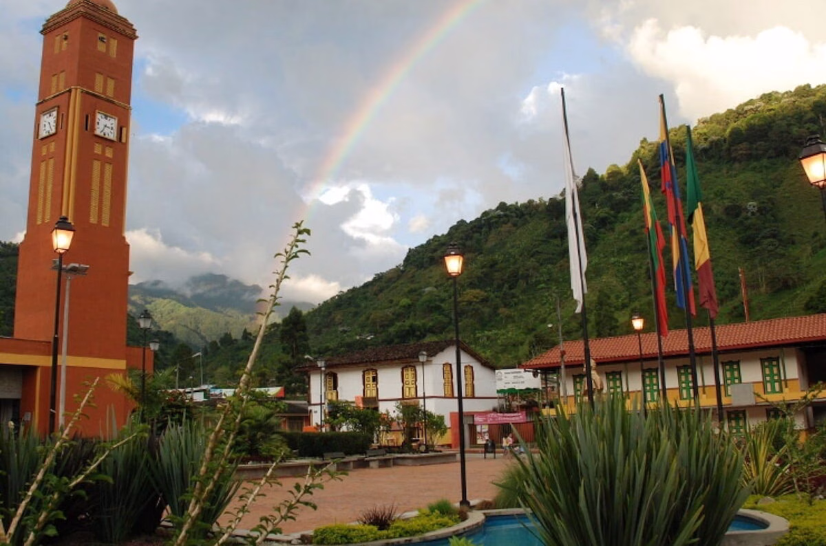 Rainbow over the main square in Buenavista, Quindío, Colombia