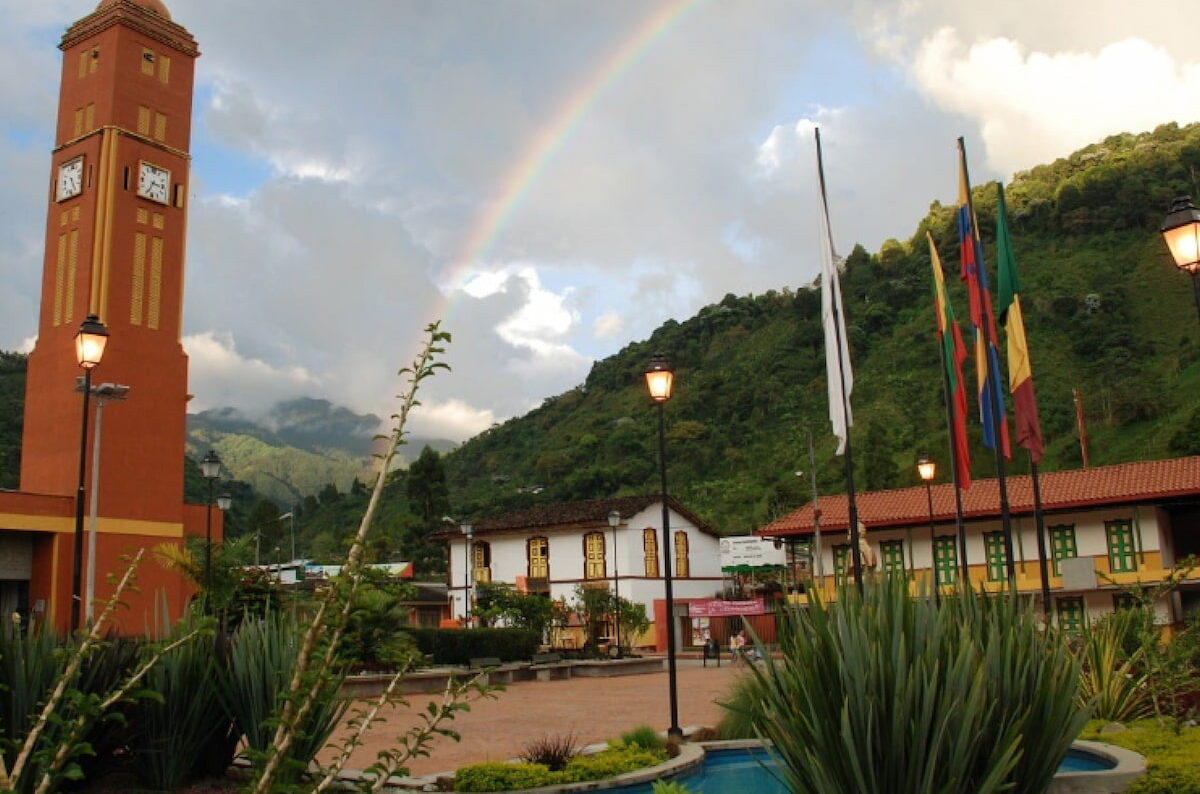 Rainbow over the main square in Buenavista, Quindío, Colombia