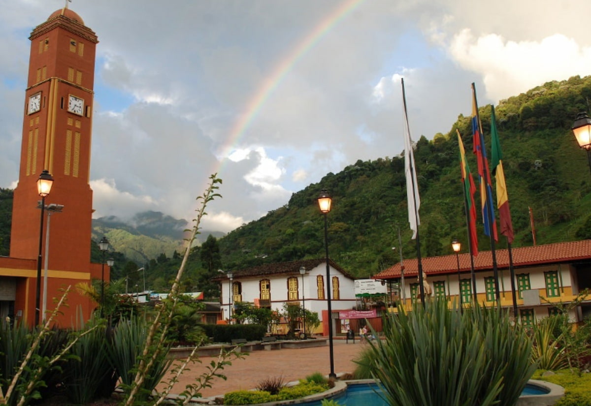 Rainbow over the main square in Buenavista, Quindío, Colombia