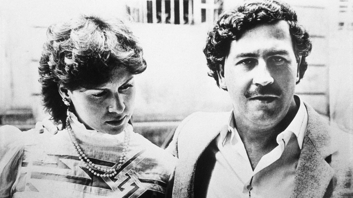 Archival photo of Pablo Escobar at a historical exhibit in Medellín, Colombia.