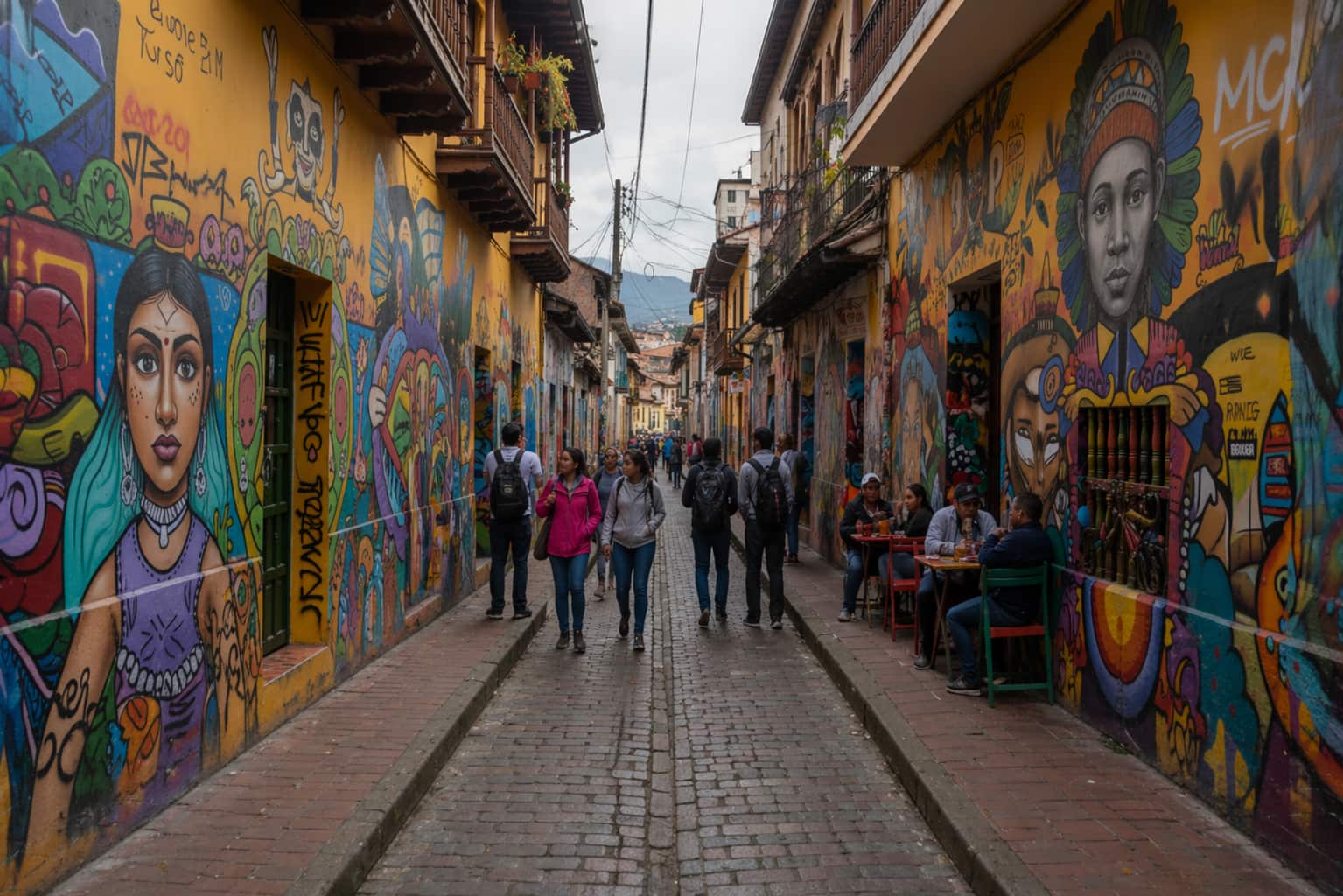 pedestrians walking through a narrow graffiti-covered street in La Candelaria Bogotá Colombia with colorful urban art on both sides