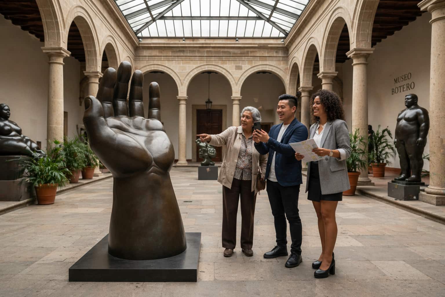 visitors exploring an indoor courtyard gallery with sculptures and arches in Bogotá Colombia