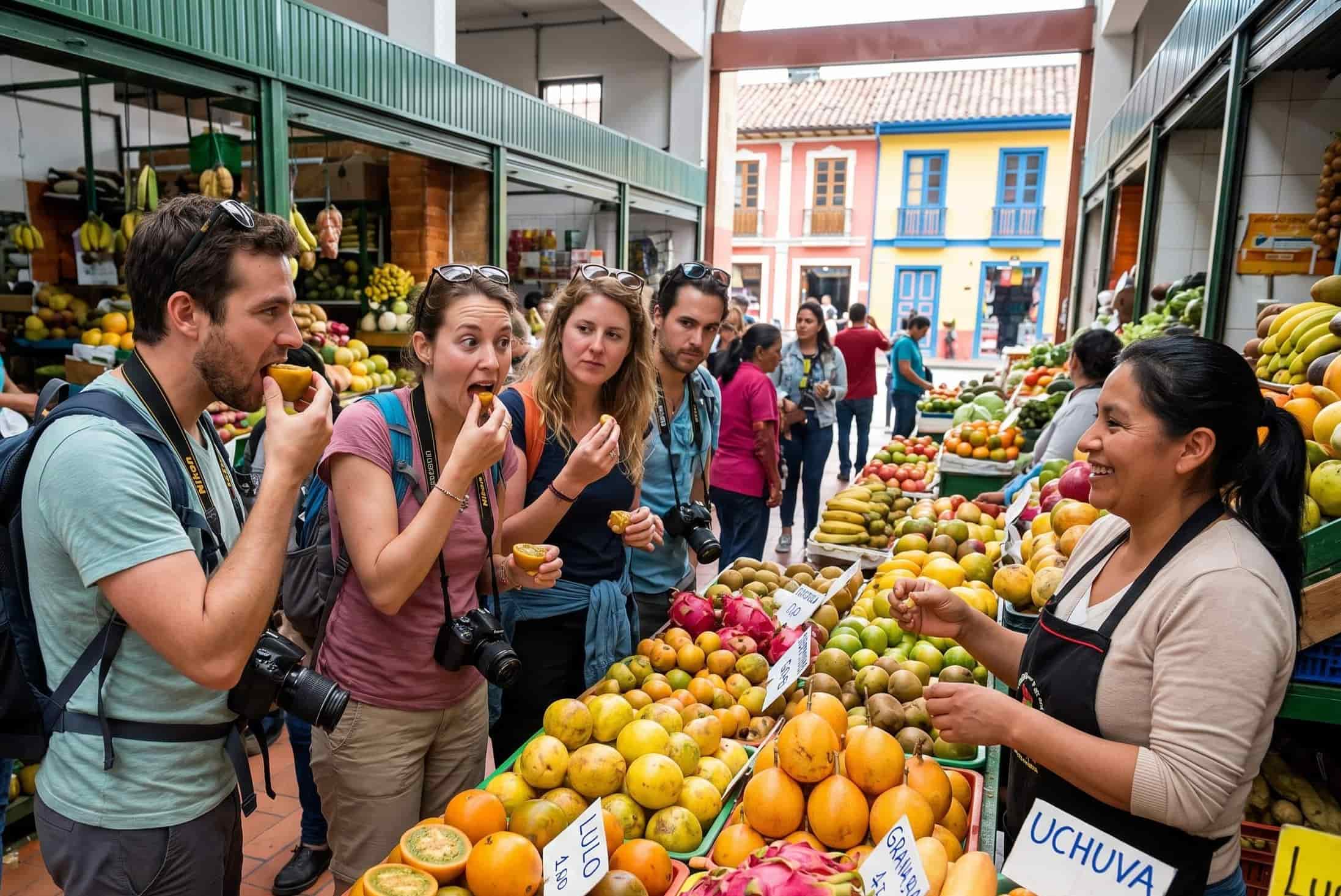 group of tourists tasting fresh fruit at a busy outdoor market stand in Bogotá Colombia