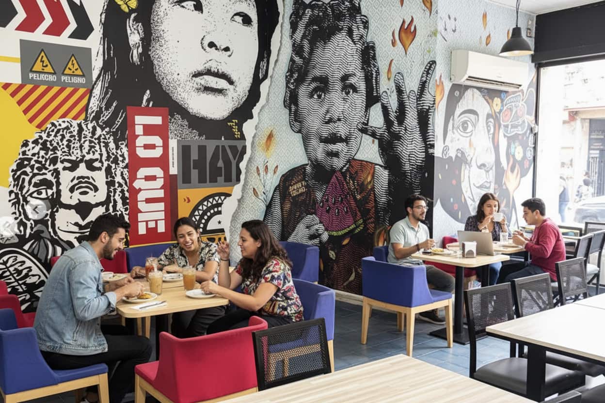 diners seated at a casual restaurant with bold black-and-white mural portraits covering the walls in Bogotá Colombia