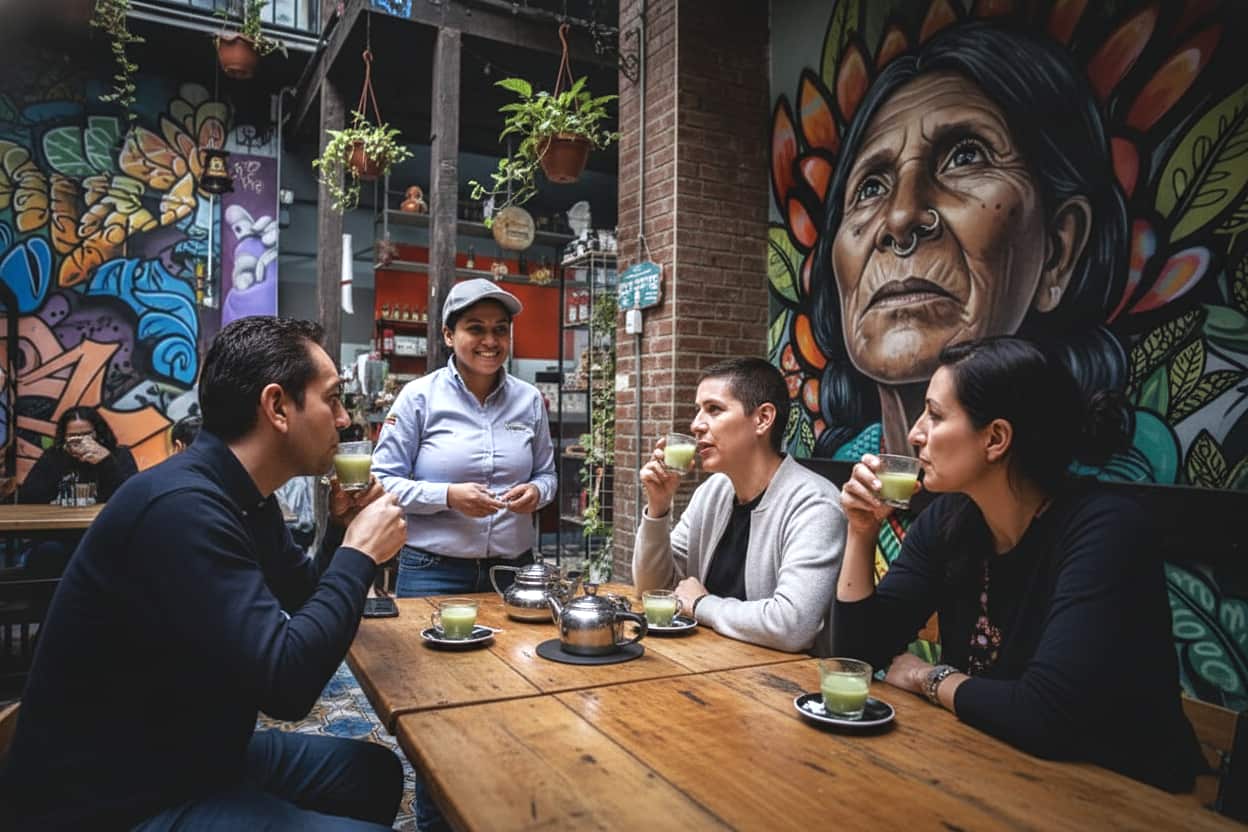 diners seated at a casual restaurant with bold black-and-white mural portraits covering the walls in Bogotá Colombia