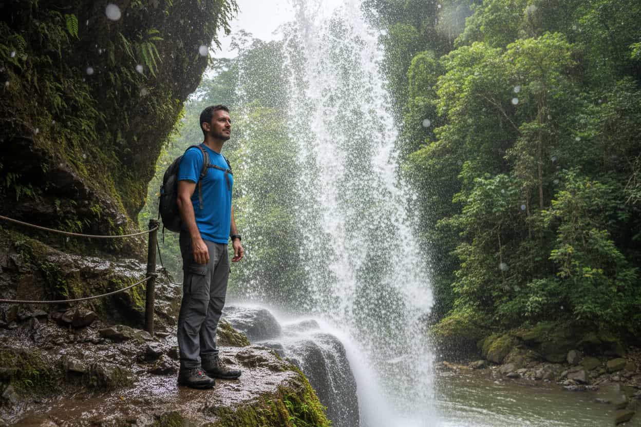 traveler standing close to a powerful waterfall surrounded by lush vegetation in La Chorrera Colombia