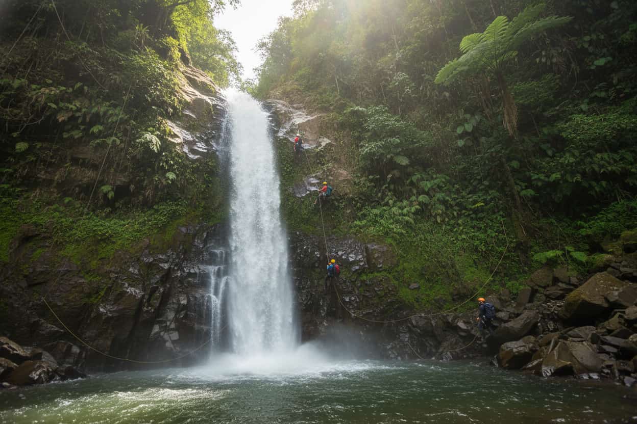 tall waterfall cascading through dense green forest in La Chorrera near Bogotá Colombia