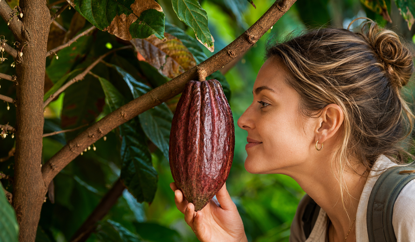 Traveler smelling a ripe cacao pod on the tree during the Cacao tour Evelyza.