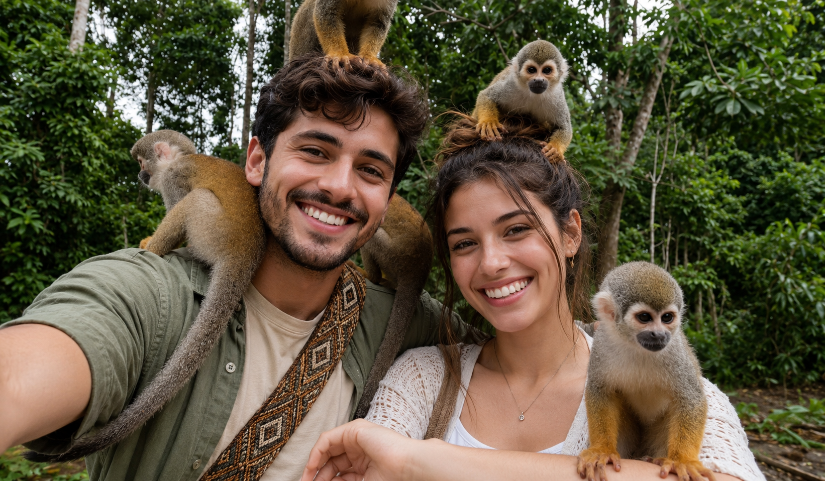 Smiling couple taking a selfie with squirrel monkeys in the rainforest on a 4 day Amazon tour.