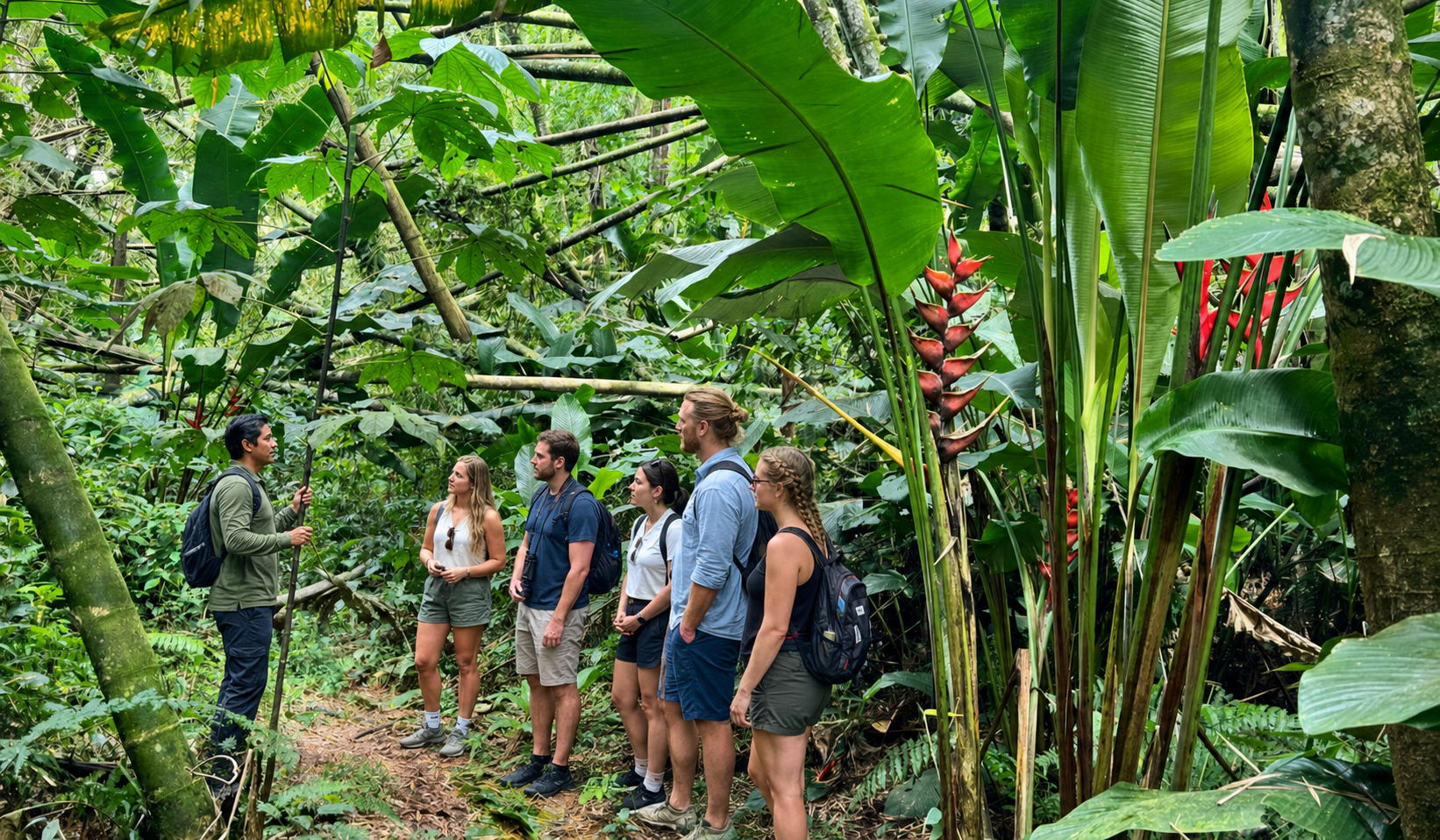 Local guide explaining the plantation trail to visitors during the Cacao tour Evelyza.