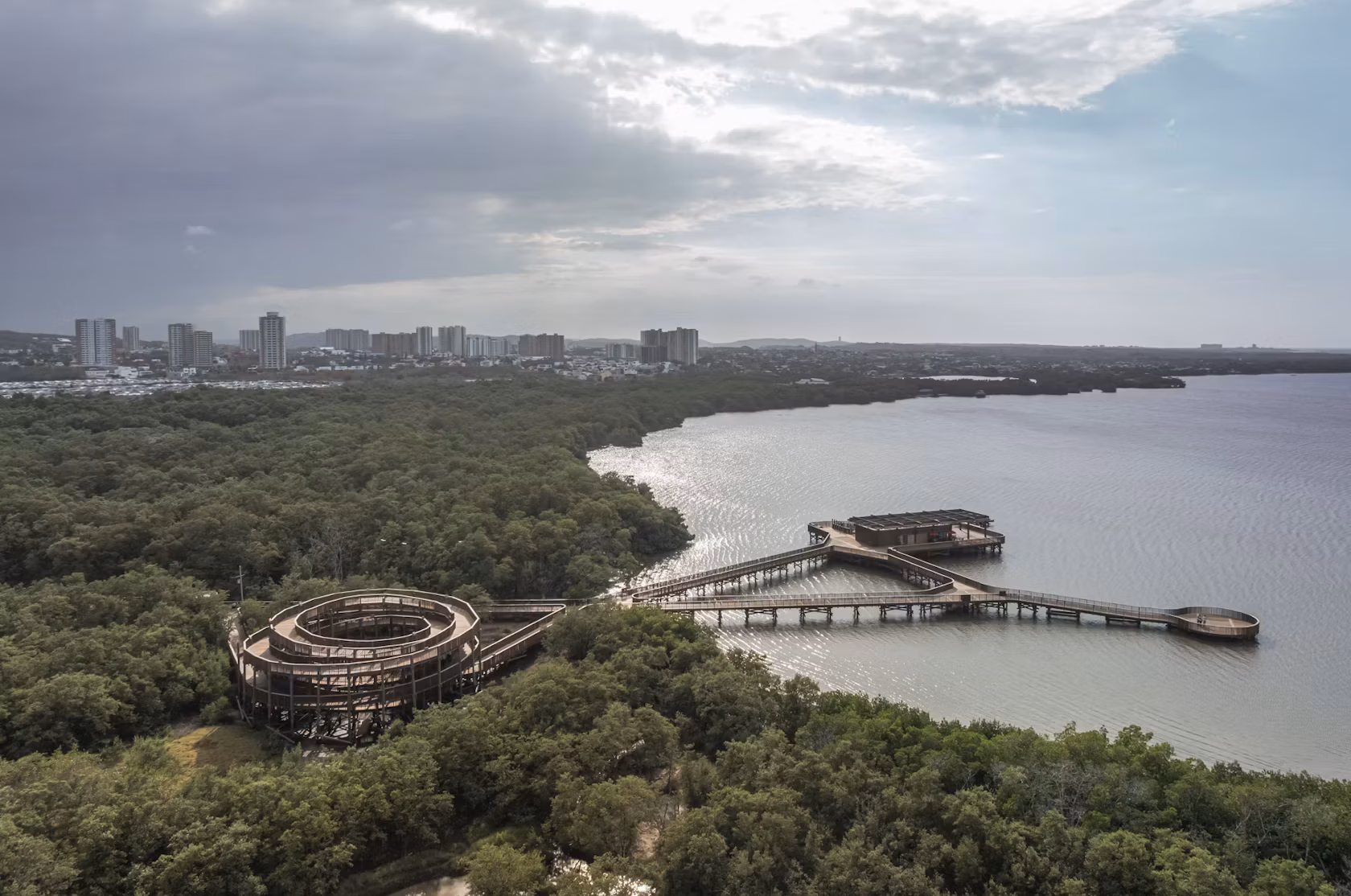 Panoramic drone shot of Mallorquin Eco-Park with elevated boardwalks, mangroves, and lagoon views stretching toward the city skyline.