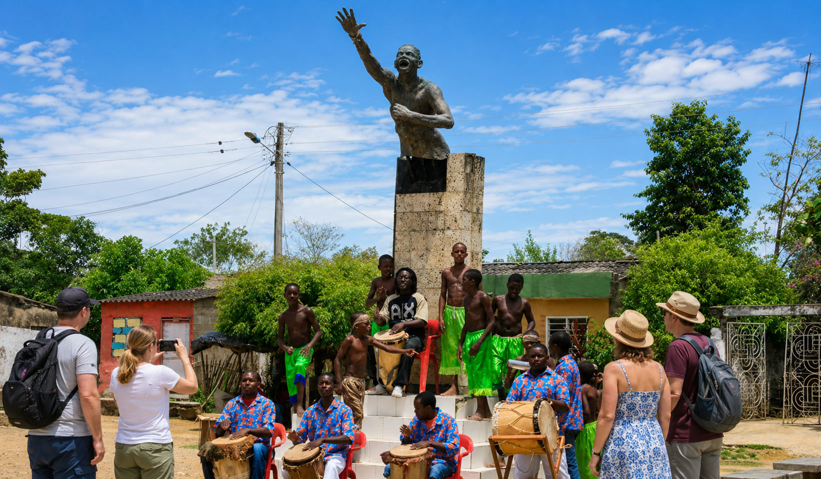 Visitors watching a live drumming and cultural performance at a monument on a San Basilio de Palenque tour.