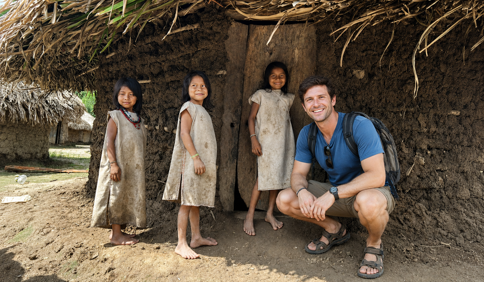 Traveler posing with Indigenous children outside a traditional home on a Tunkeka Culture tour.