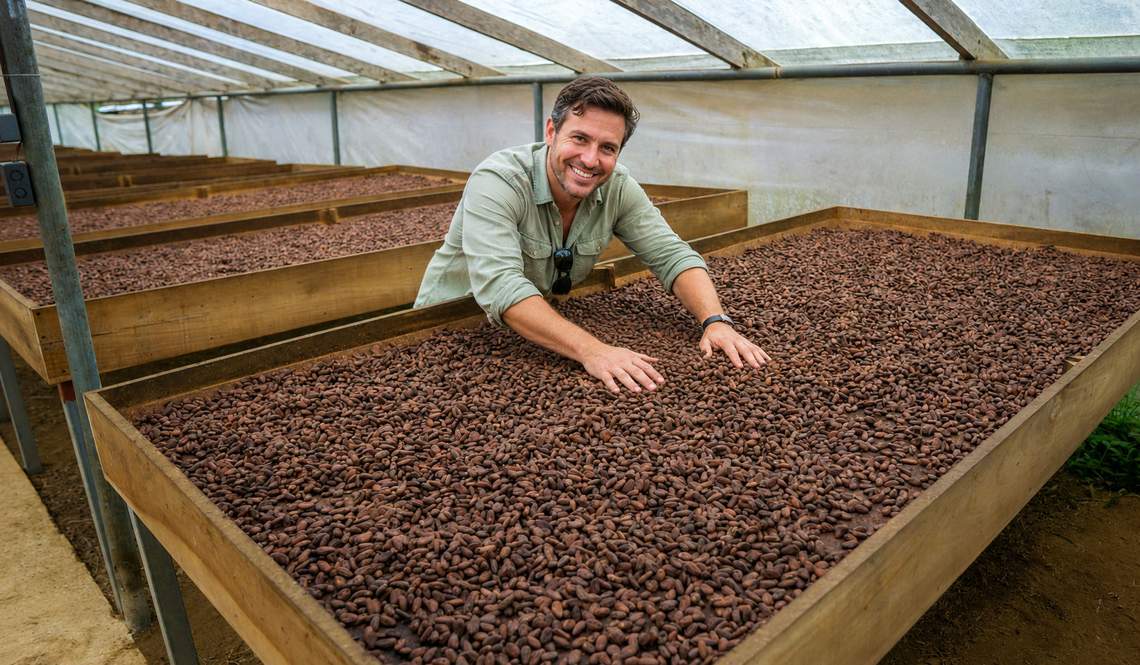 Visitor exploring cacao bean drying tables at the farm on the Cacao tour Evelyza.