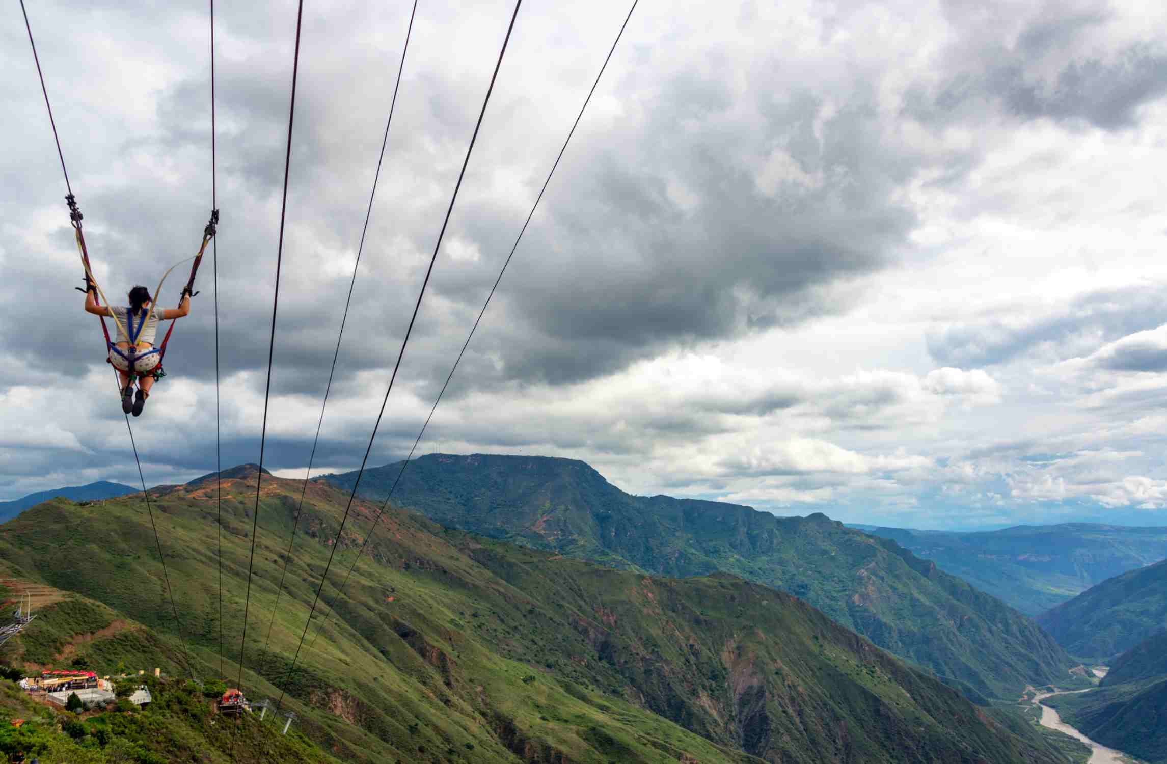 Adventure attraction suspended above the canyon with dramatic landscapes in a Chicamocha National Park Tour.