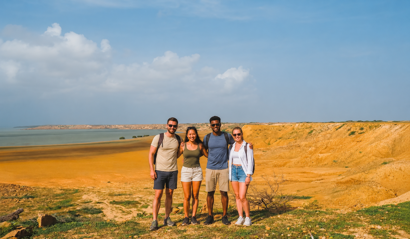 Group of travelers posing at a desert viewpoint with coastal scenery on the 3 day tour La Guajira.