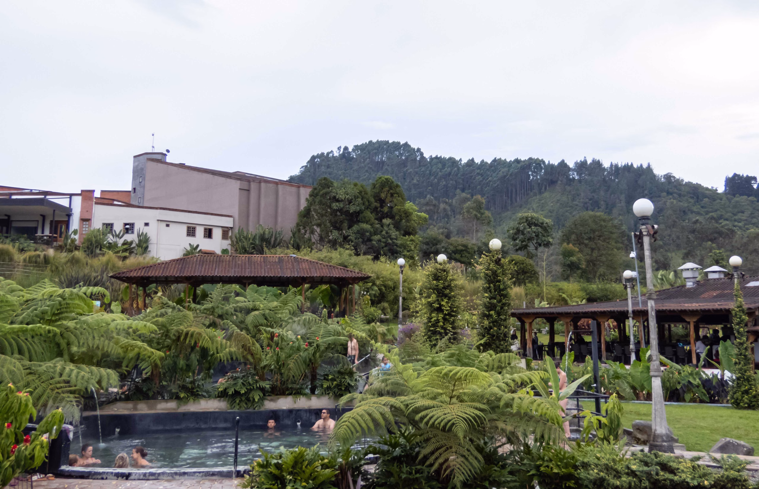 Lush garden and hot springs area with forested hills in the background on an Otoño Hot Springs Trip.