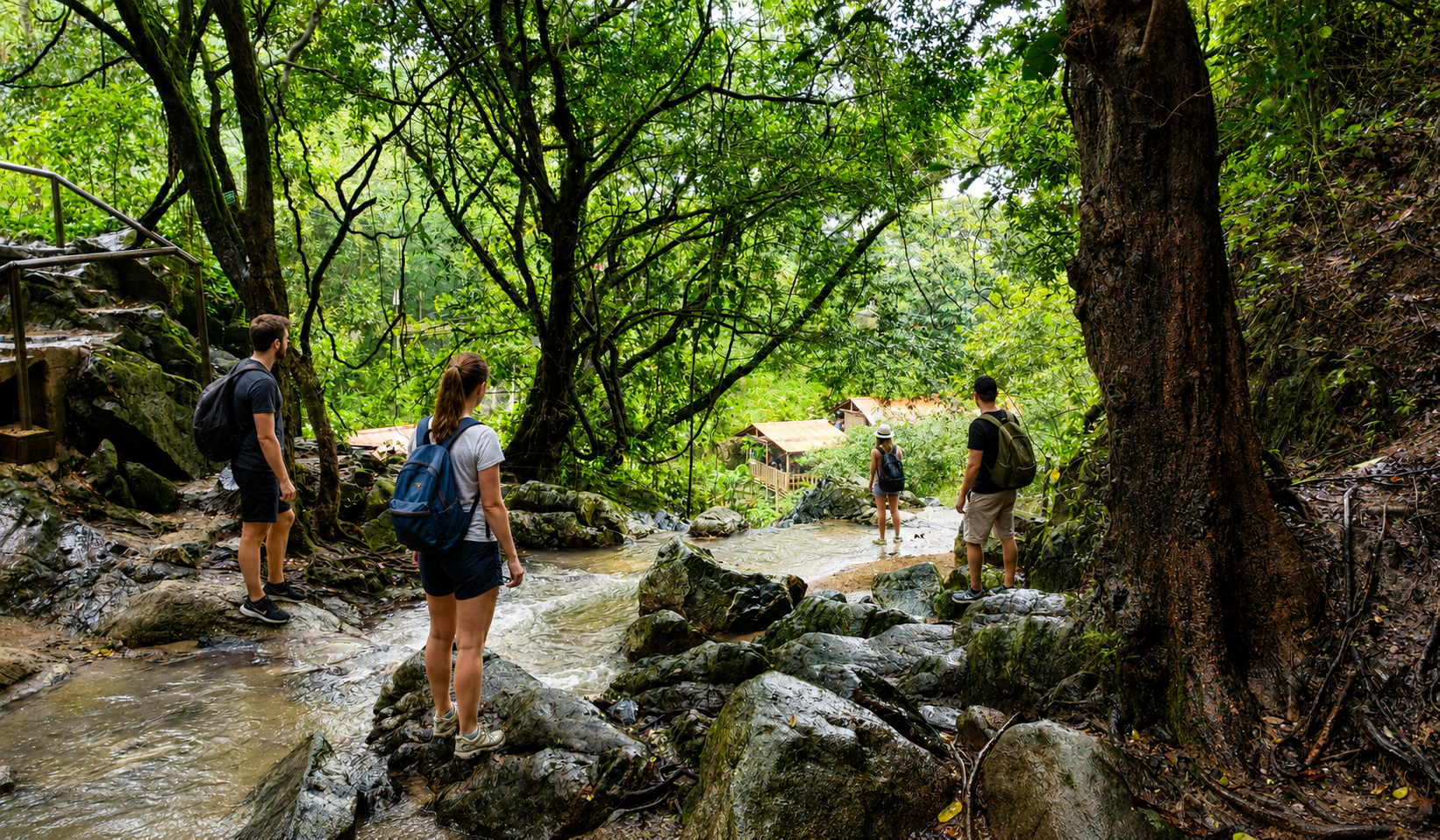 Hikers exploring a lush jungle trail near the falls on a La Guajira waterfall tour.