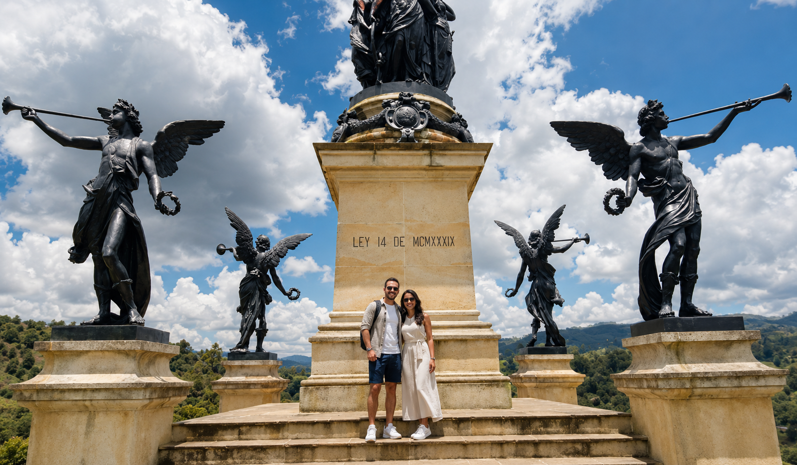 Couple standing beneath historic angel statues and a stone monument on a sunny day during a 2 day tour Zipaquira Villa de Leyva.