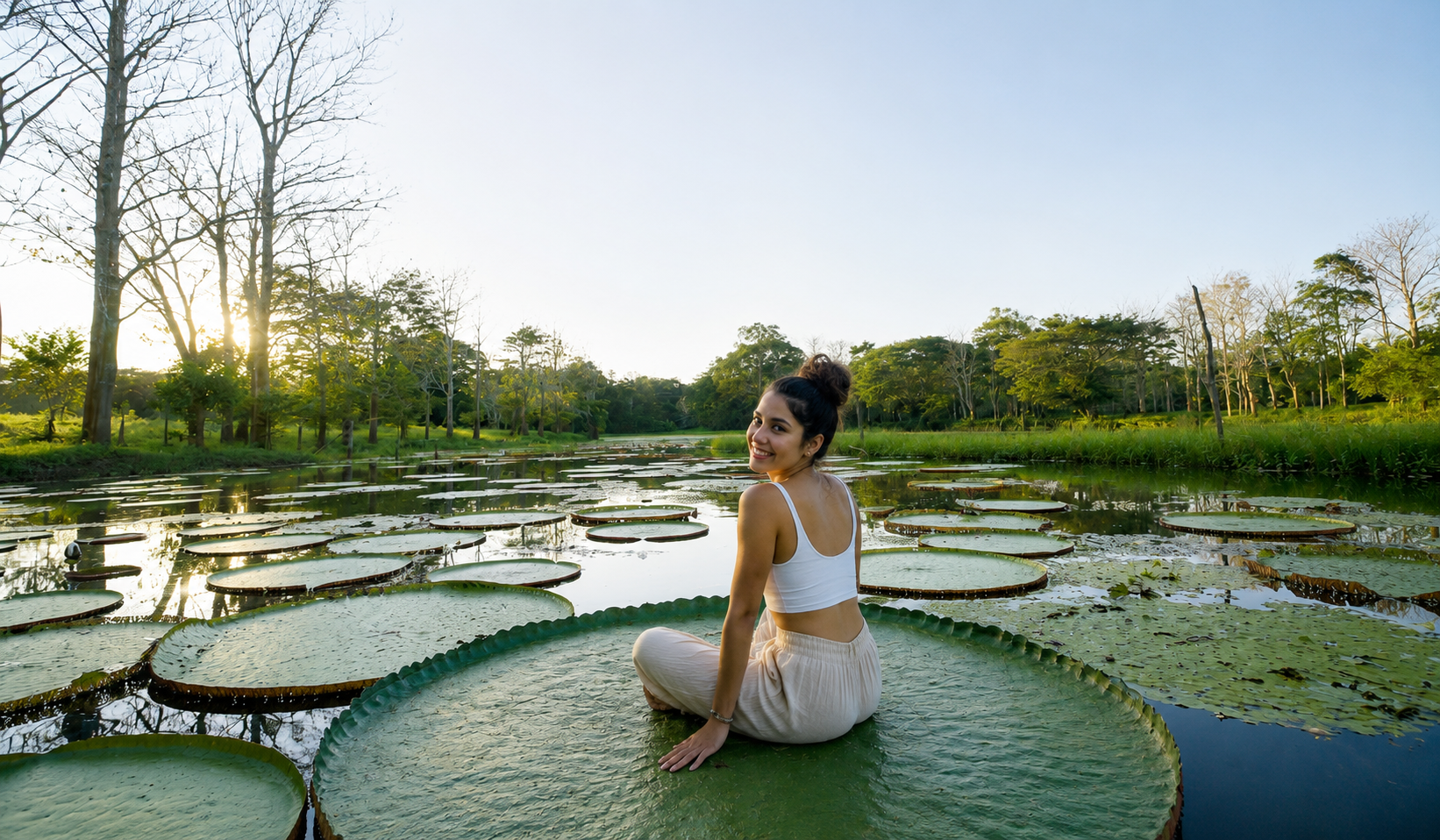 Traveler sitting on a giant water lily at sunset during a 4 day Amazon tour