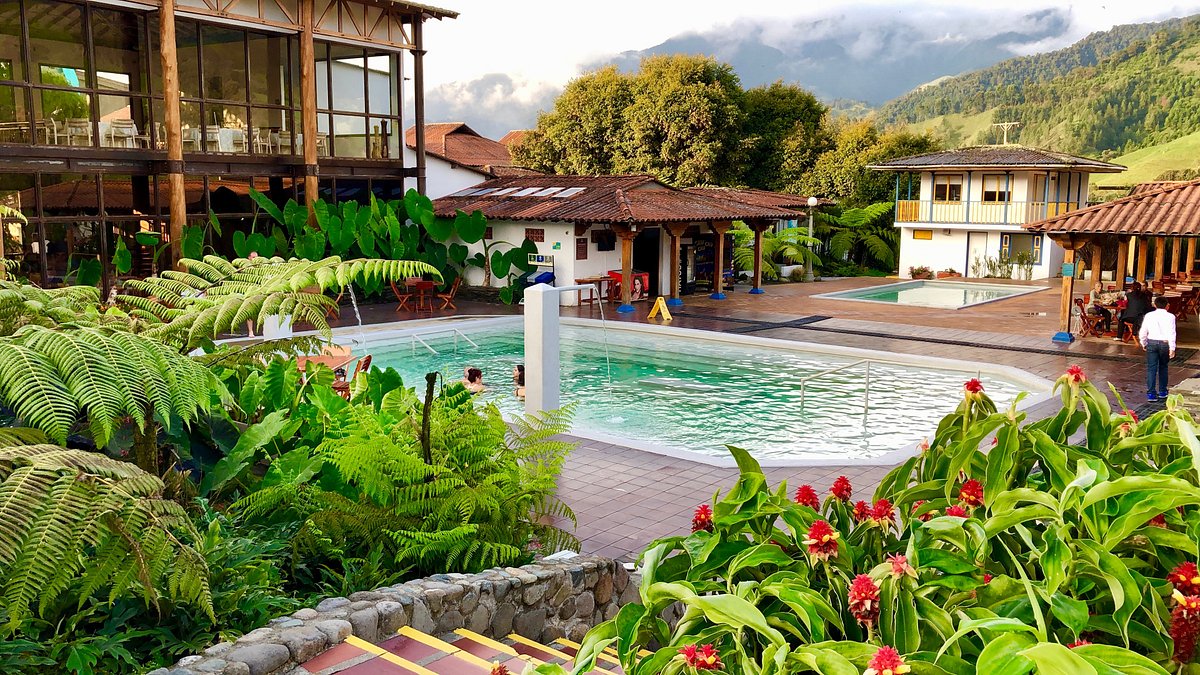 Scenic pool area surrounded by ferns, flowers, and mountain landscapes during an Otoño Hot Springs Trip.