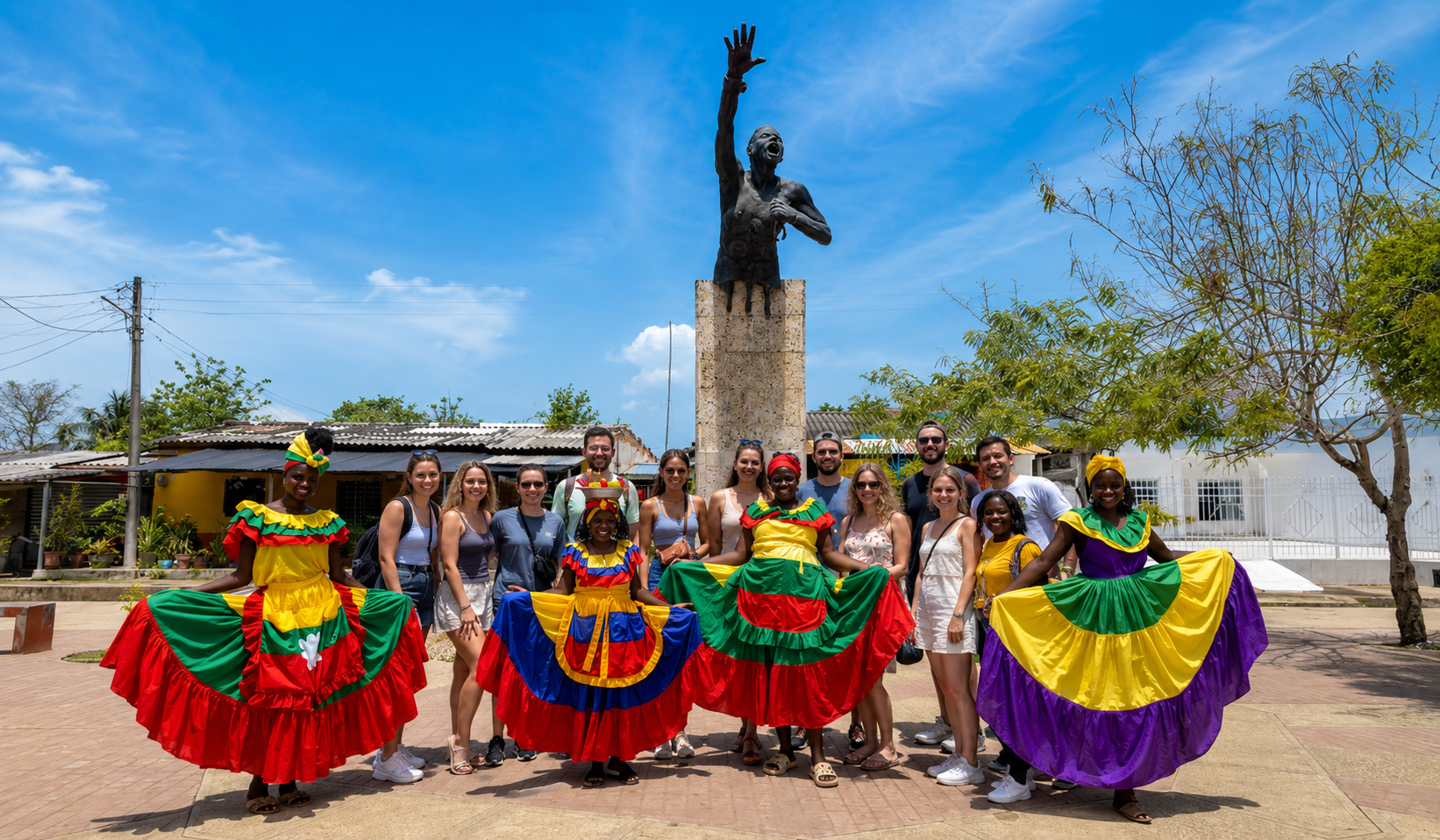 Group of travelers and local dancers in colorful dresses at a cultural stop on a San Basilio de Palenque tour.