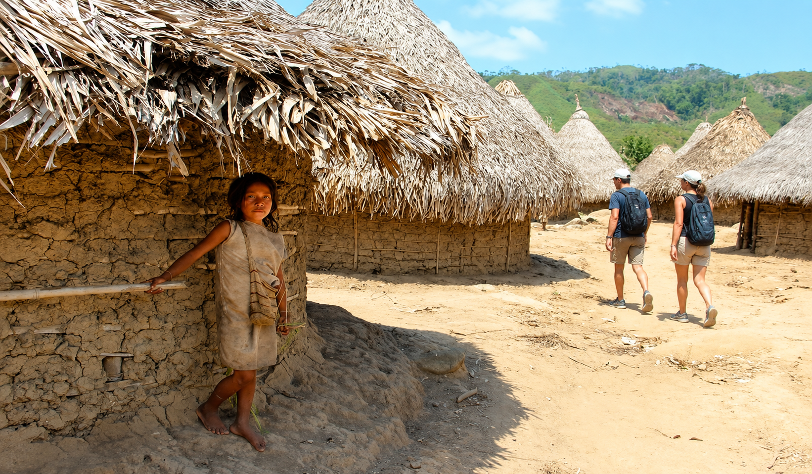 Indigenous child standing beside traditional homes while visitors explore the village on a Tunkeka Culture tour.