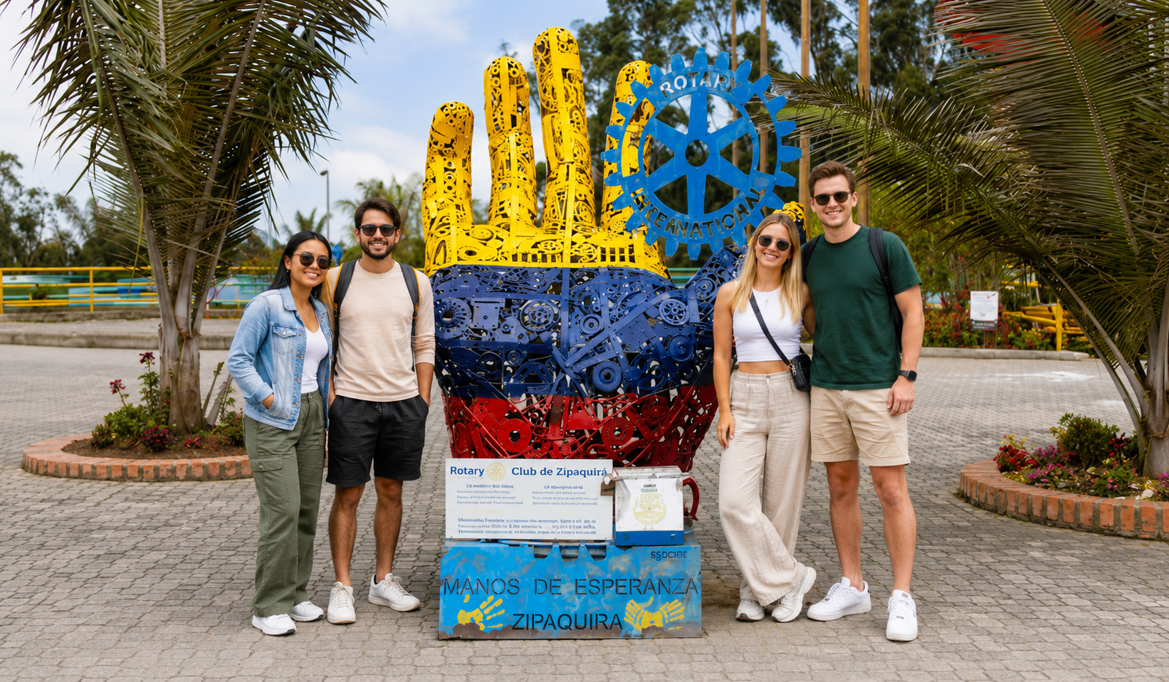 Visitors posing in front of a colorful public art sculpture in Zipaquira as part of a 2 day tour Zipaquira Villa de Leyva.