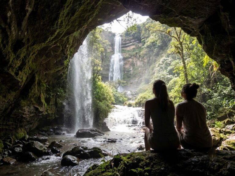 Two visitors silhouetted at a cave mouth facing the Juan Curi waterfall