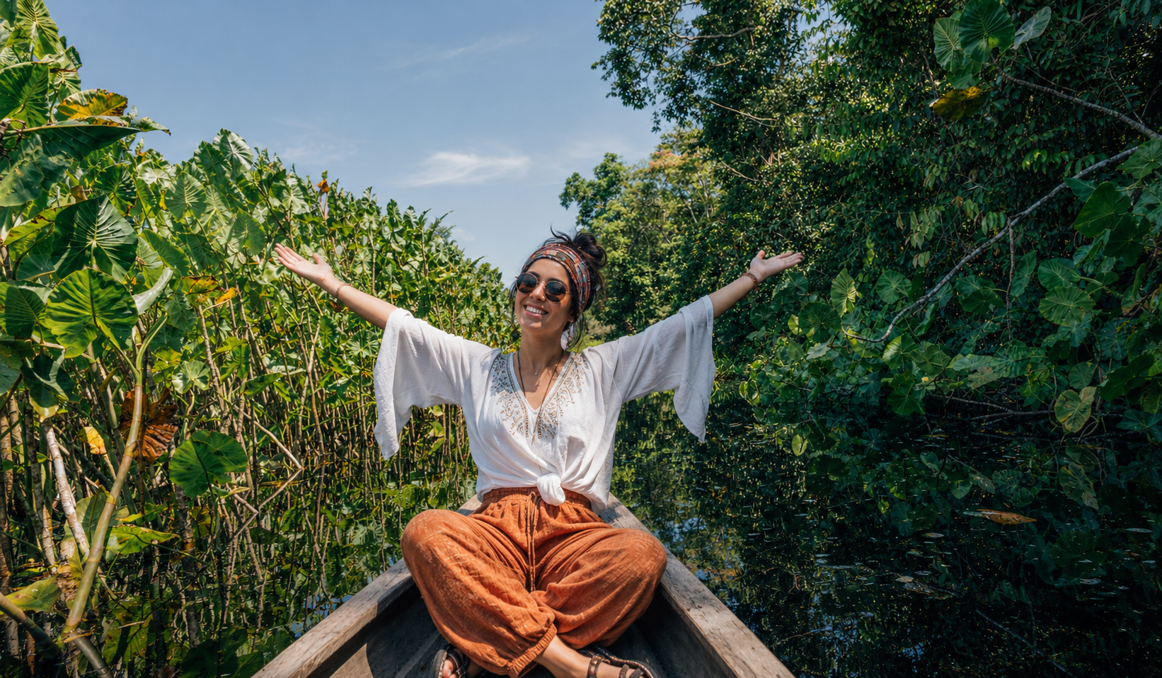 Woman enjoying a canoe ride through a narrow jungle waterway on a 4 day Amazon tour.